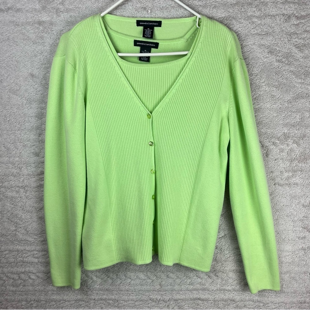 Lime Green Sweater Cardigan Twinset Sz Medium Goodclothes - Picture 6 of 15